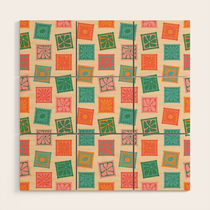Vintage flower postage stamp pattern Wood Wall Art Gallery Image 1