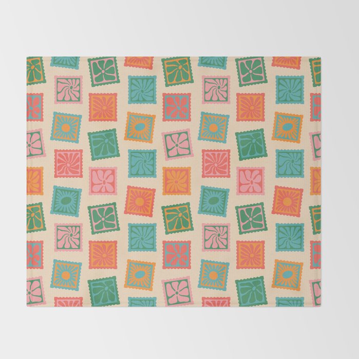 Vintage flower postage stamp pattern Throw Blanket Gallery Image 2