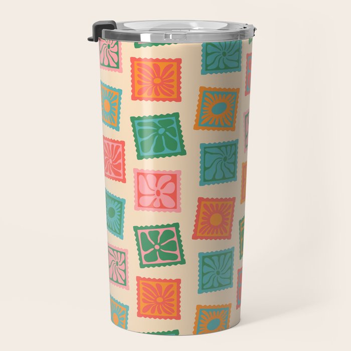 Vintage flower postage stamp pattern Travel Mug Gallery Image 3