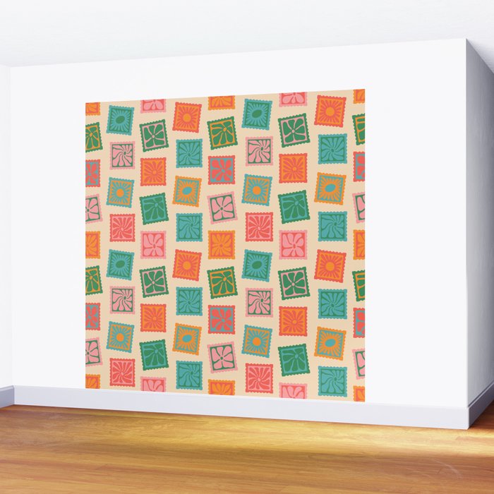 Vintage flower postage stamp pattern Wall Mural Gallery Image 2
