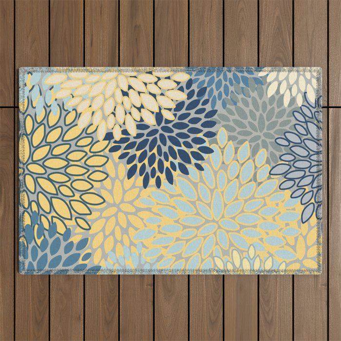 Modern, Abstract, Flower Garden, Blue, Yellow, Gray Outdoor Rug Gallery Image 1