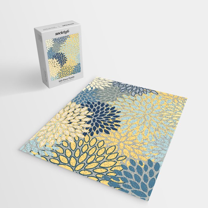 Modern, Abstract, Flower Garden, Blue, Yellow, Gray Jigsaw Puzzle Gallery Image 2