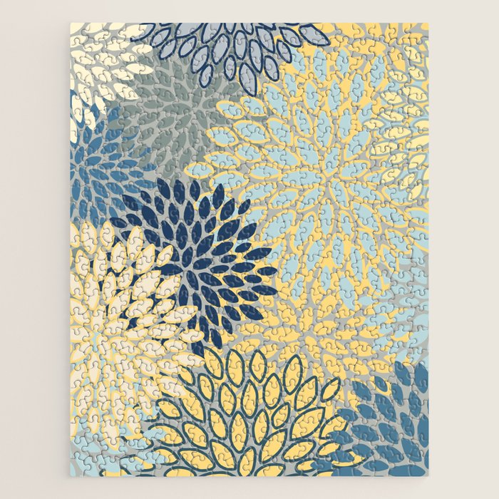 Modern, Abstract, Flower Garden, Blue, Yellow, Gray Jigsaw Puzzle Gallery Image 1