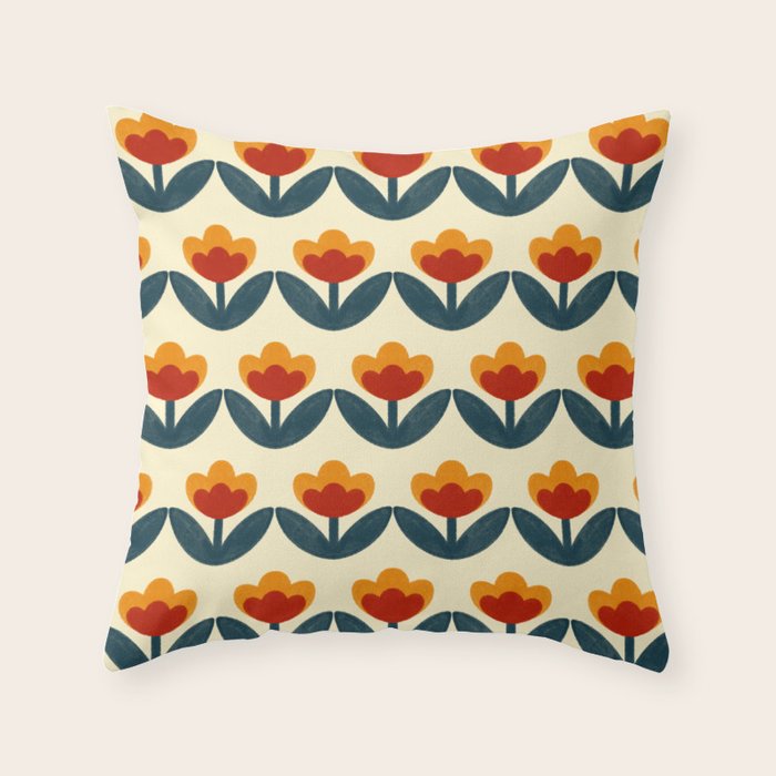 Retro 70s Floral Pattern in Mid-Century Red, Marigold, and Navy  Throw Pillow Gallery Image 1
