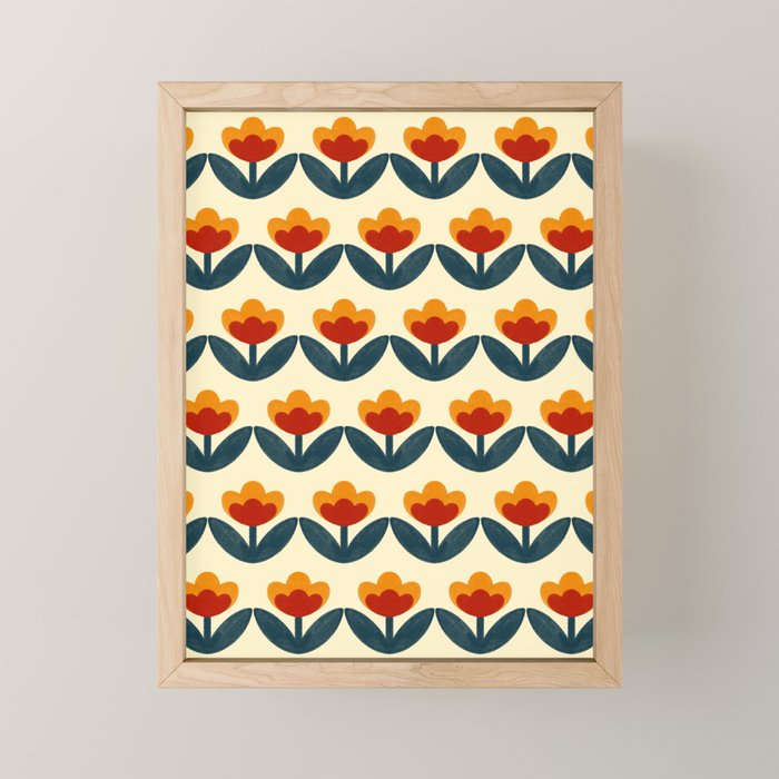 Retro 70s Floral Pattern in Mid-Century Red, Marigold, and Navy  Mini Art Print Gallery Image 1
