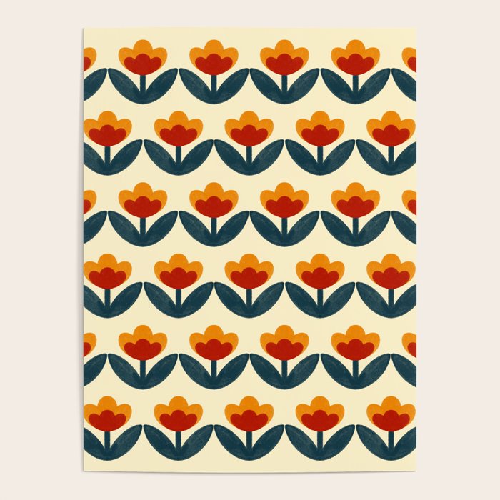 Retro 70s Floral Pattern in Mid-Century Red, Marigold, and Navy  Poster Gallery Image 4