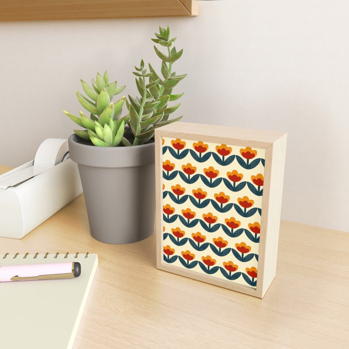 Retro 70s Floral Pattern in Mid-Century Red, Marigold, and Navy  Mini Art Print Gallery Image 2