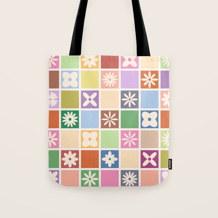 Retro Colorful Flower Checker Tiles Tote Bag Gallery Image 1