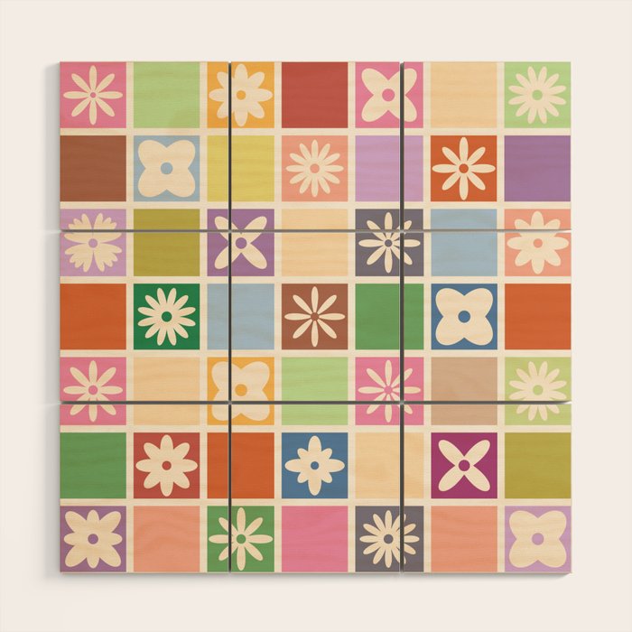 Retro Colorful Flower Checker Tiles Wood Wall Art Gallery Image 1