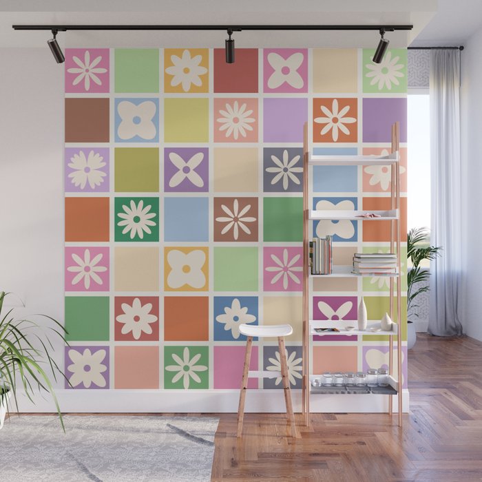 Retro Colorful Flower Checker Tiles Wall Mural Gallery Image 1