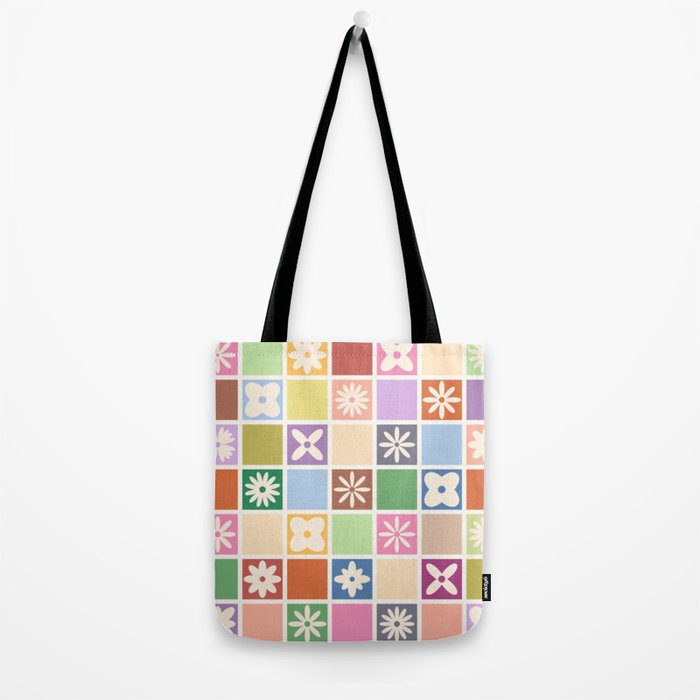 Retro Colorful Flower Checker Tiles Tote Bag Gallery Image 2
