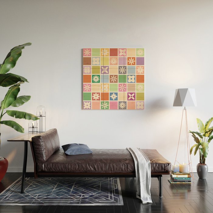 Retro Colorful Flower Checker Tiles Wood Wall Art Gallery Image 2