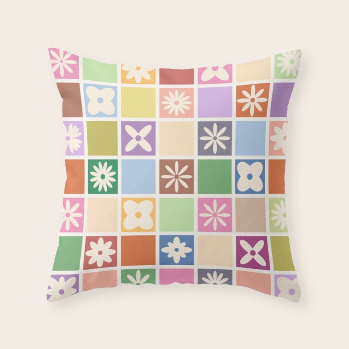Retro Colorful Flower Checker Tiles Throw Pillow Gallery Image 1