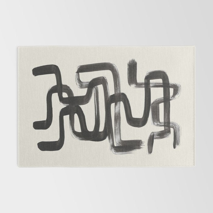 Mid Century Modern Minimalist Abstract Art Brush Strokes Black & White Ink Art Pipe Maze Rug Gallery Image 2