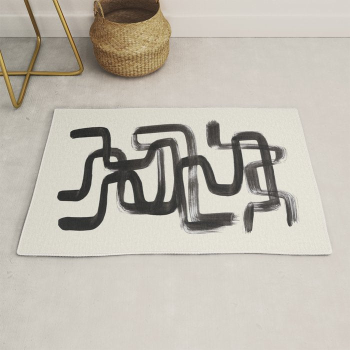 Mid Century Modern Minimalist Abstract Art Brush Strokes Black & White Ink Art Pipe Maze Rug Gallery Image 1