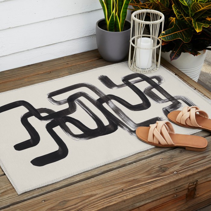 Mid Century Modern Minimalist Abstract Art Brush Strokes Black & White Ink Art Pipe Maze Outdoor Rug Gallery Image 2