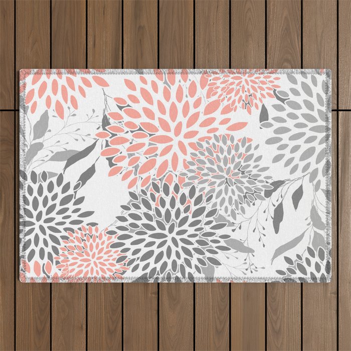 Festive, Floral Prints, Leaves and Blooms, Coral and Gray Outdoor Rug Gallery Image 1