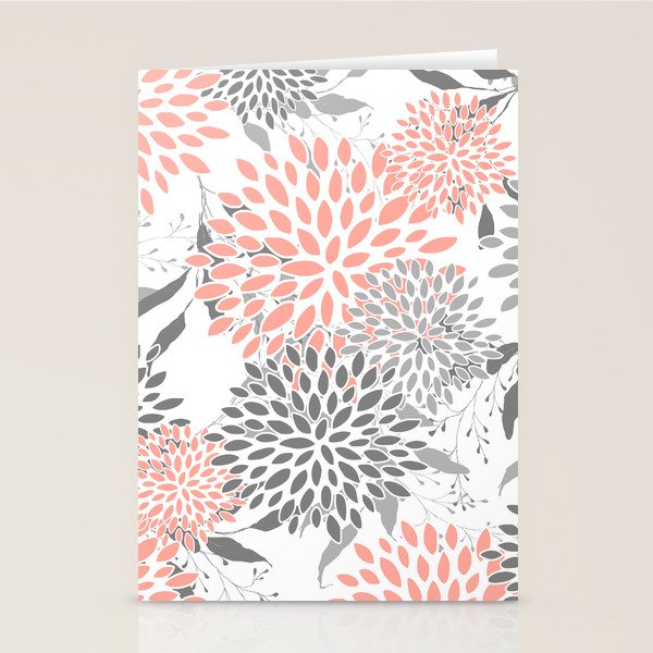 Festive, Floral Prints, Leaves and Blooms, Coral and Gray Stationery Card Gallery Image 1