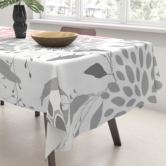 Festive, Floral Prints, Leaves and Blooms, Coral and Gray Tablecloth Gallery Image 3
