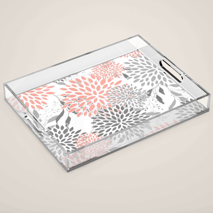 Festive, Floral Prints, Leaves and Blooms, Coral and Gray Acrylic Tray Gallery Image 1
