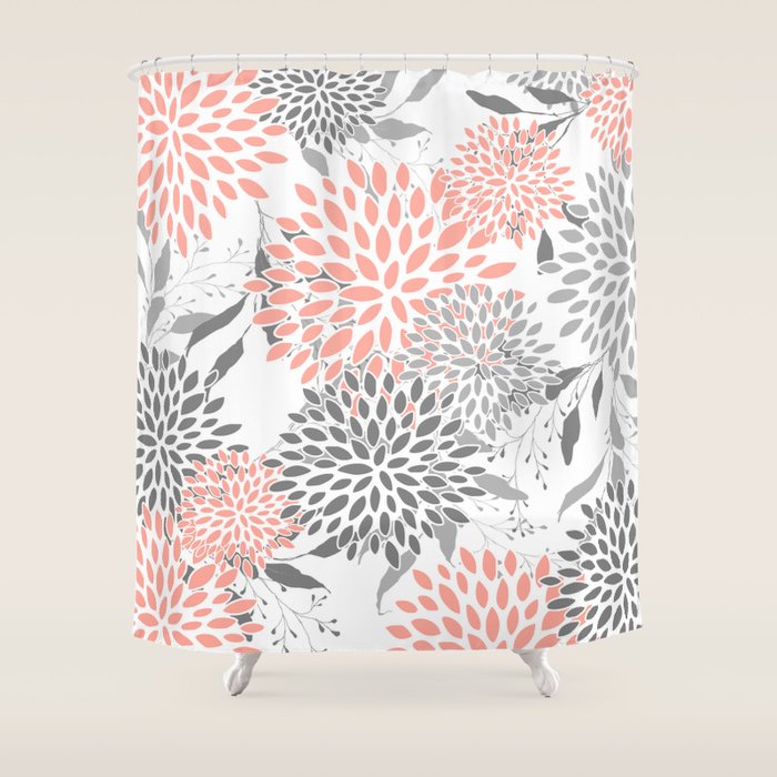 Festive, Floral Prints, Leaves and Blooms, Coral and Gray Shower Curtain Gallery Image 1