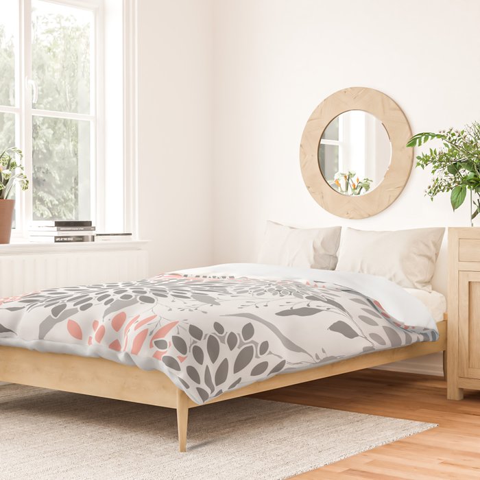 Festive, Floral Prints, Leaves and Blooms, Coral and Gray Duvet Cover Gallery Image 2