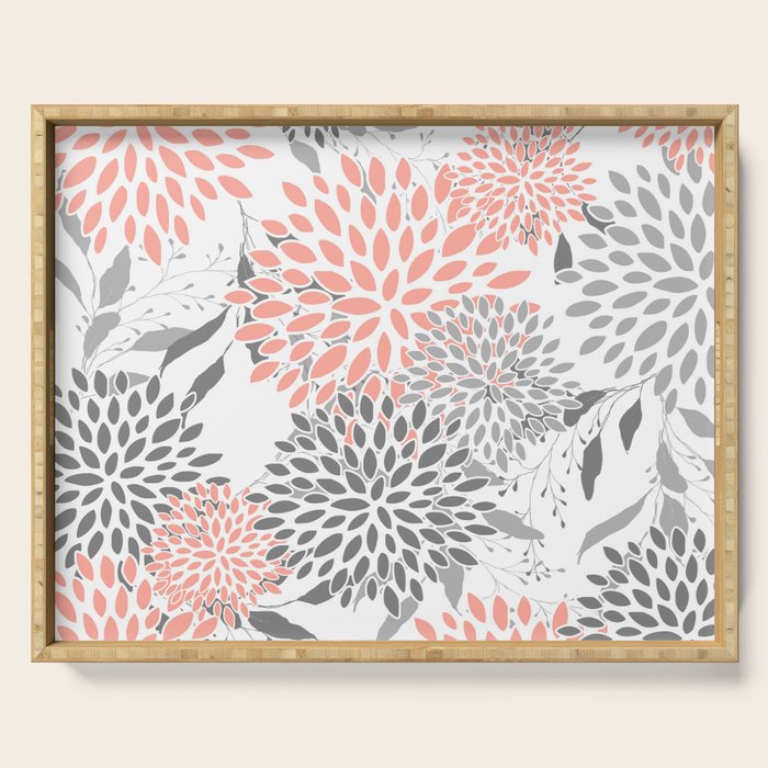 Festive, Floral Prints, Leaves and Blooms, Coral and Gray Serving Tray Gallery Image 1