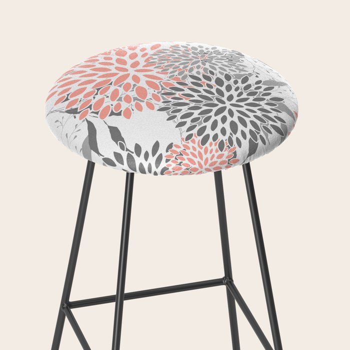 Festive, Floral Prints, Leaves and Blooms, Coral and Gray Stool Gallery Image 2