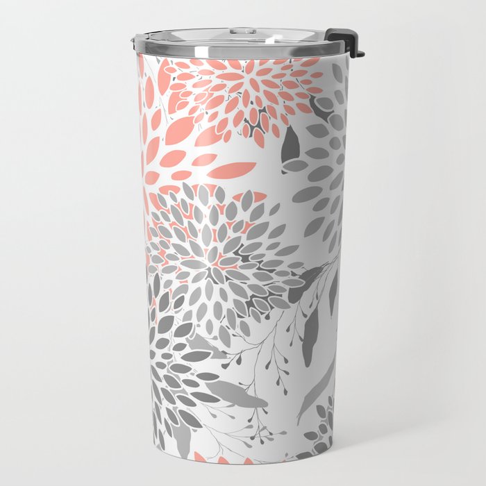 Festive, Floral Prints, Leaves and Blooms, Coral and Gray Travel Mug Gallery Image 2