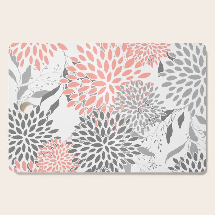 Festive, Floral Prints, Leaves and Blooms, Coral and Gray Cutting Board Gallery Image 1