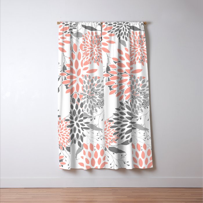 Festive, Floral Prints, Leaves and Blooms, Coral and Gray Window Curtain Gallery Image 3