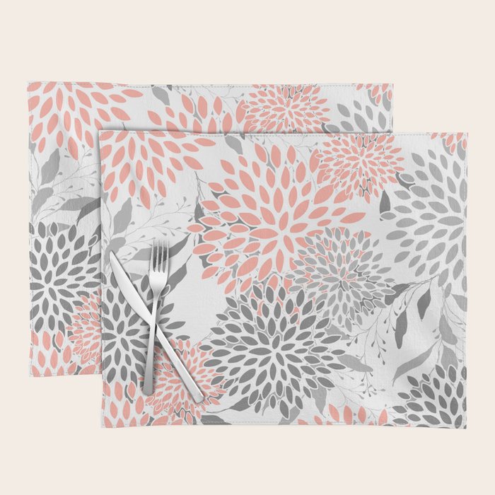 Festive, Floral Prints, Leaves and Blooms, Coral and Gray Placemat Gallery Image 1