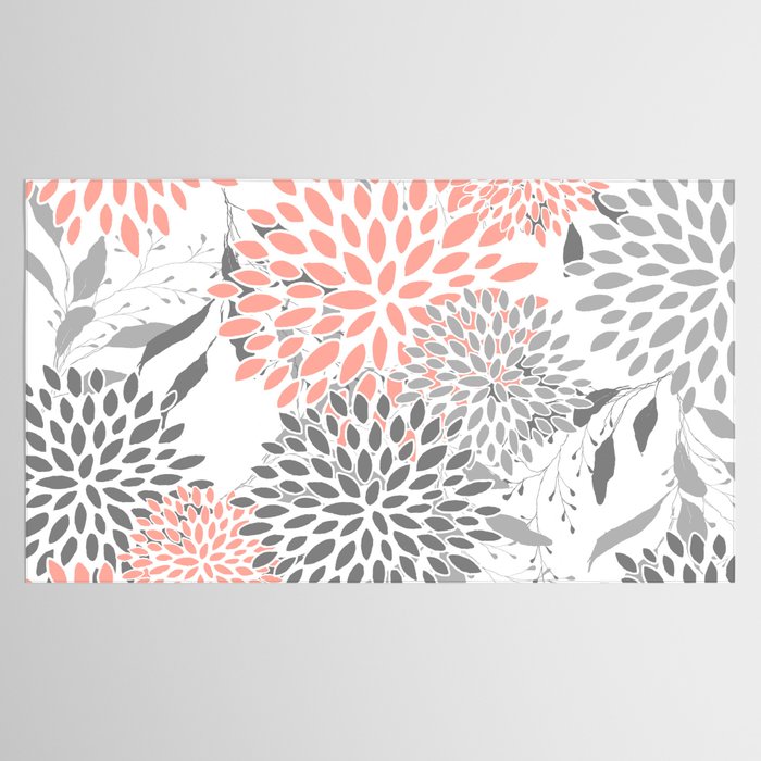 Festive, Floral Prints, Leaves and Blooms, Coral and Gray Tablecloth Gallery Image 2