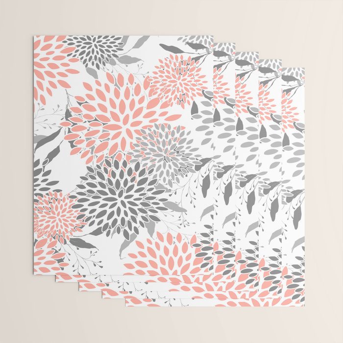 Festive, Floral Prints, Leaves and Blooms, Coral and Gray Wrapping Paper Gallery Image 3