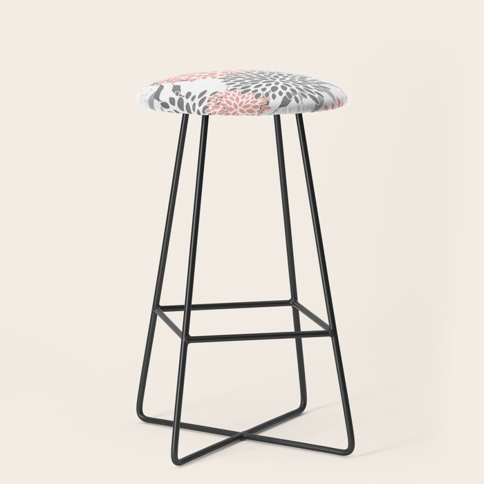 Festive, Floral Prints, Leaves and Blooms, Coral and Gray Stool Gallery Image 1