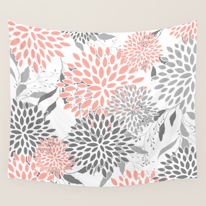 Festive, Floral Prints, Leaves and Blooms, Coral and Gray Wall Tapestry Gallery Image 1