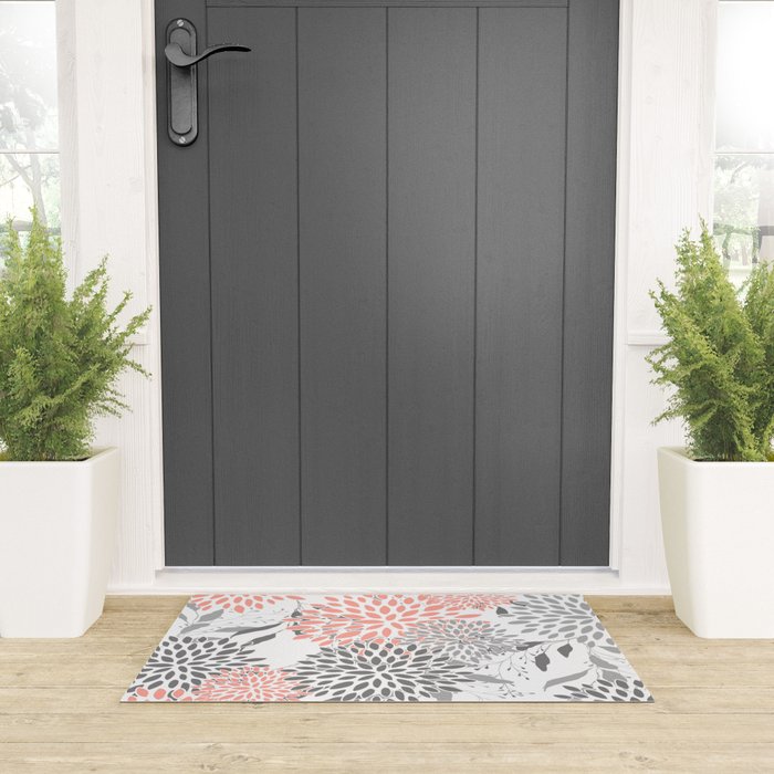 Festive, Floral Prints, Leaves and Blooms, Coral and Gray Welcome Mat Gallery Image 3
