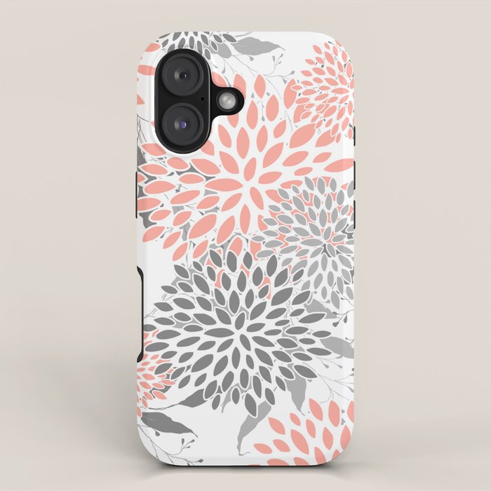 Festive, Floral Prints, Leaves and Blooms, Coral and Gray iPhone Case Gallery Image 1