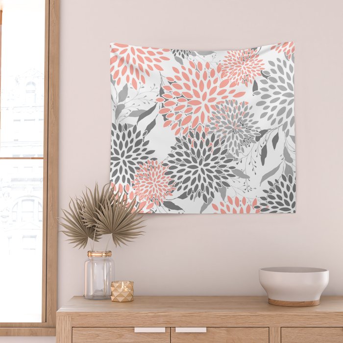 Festive, Floral Prints, Leaves and Blooms, Coral and Gray Wall Tapestry Gallery Image 2
