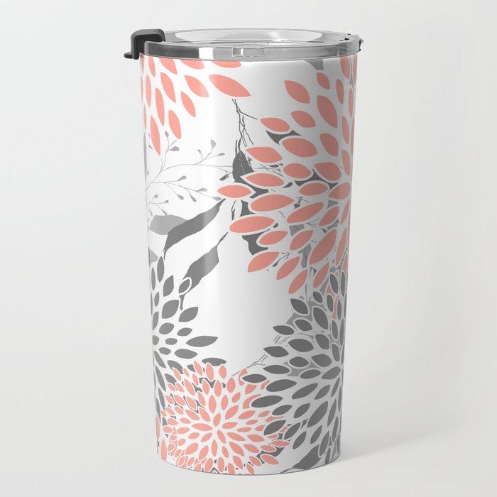 Festive, Floral Prints, Leaves and Blooms, Coral and Gray Travel Mug Gallery Image 3