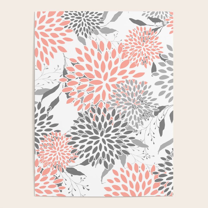 Festive, Floral Prints, Leaves and Blooms, Coral and Gray Poster Gallery Image 1