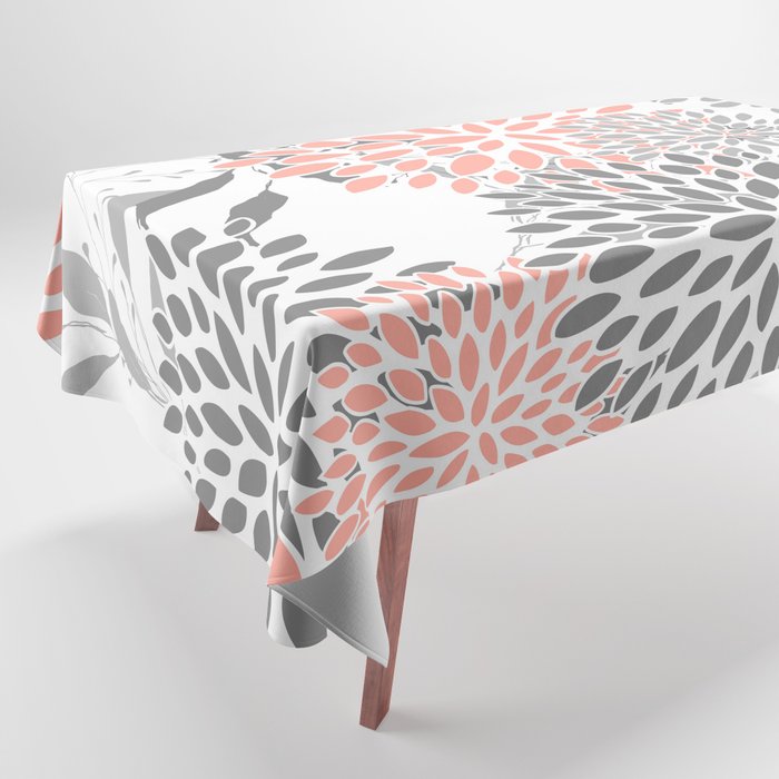 Festive, Floral Prints, Leaves and Blooms, Coral and Gray Tablecloth Gallery Image 1