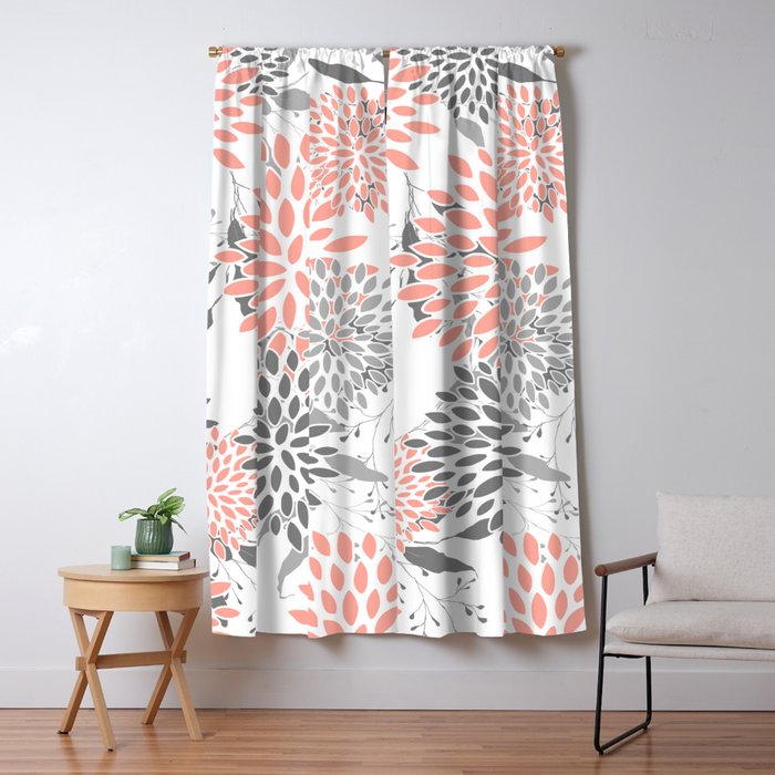 Festive, Floral Prints, Leaves and Blooms, Coral and Gray Window Curtain Gallery Image 5