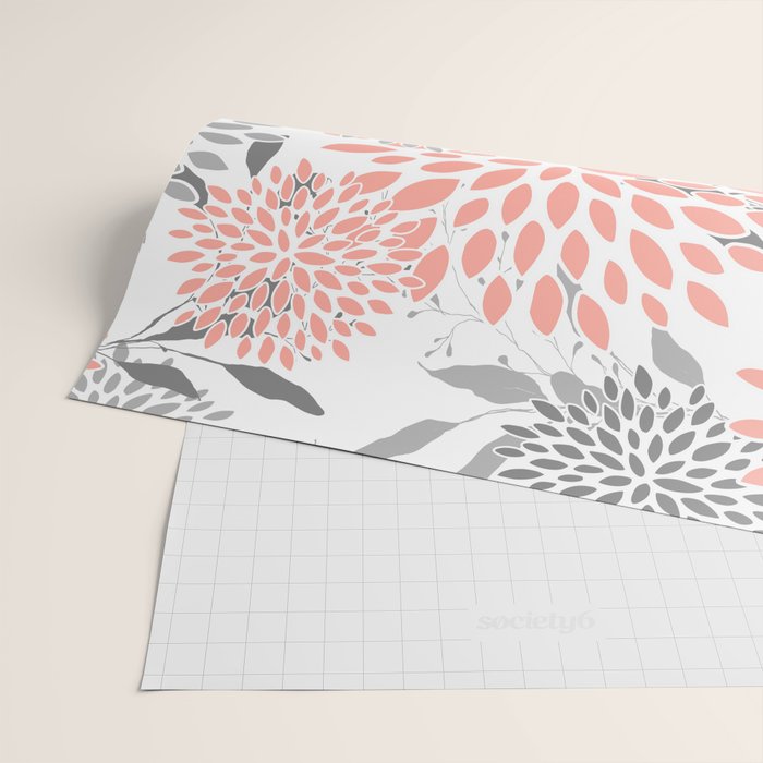 Festive, Floral Prints, Leaves and Blooms, Coral and Gray Wrapping Paper Gallery Image 2