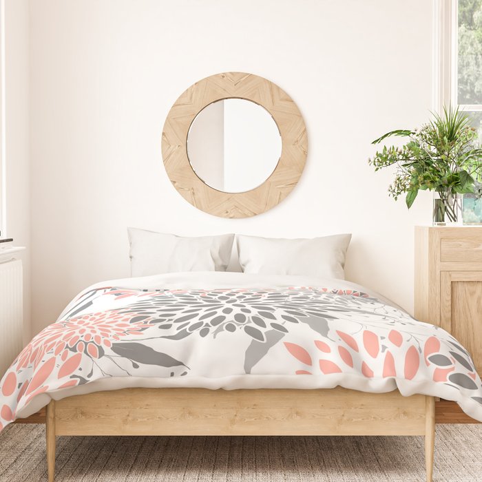Festive, Floral Prints, Leaves and Blooms, Coral and Gray Duvet Cover Gallery Image 3