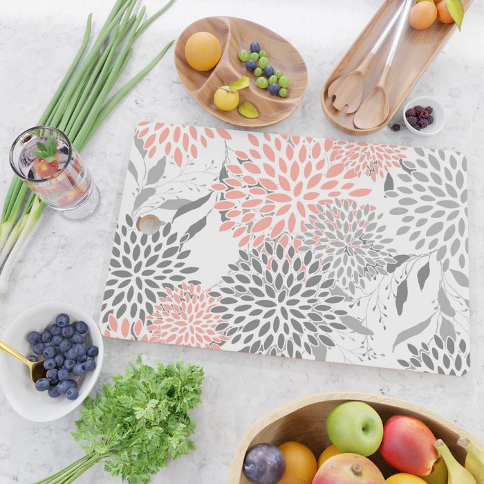 Festive, Floral Prints, Leaves and Blooms, Coral and Gray Cutting Board Gallery Image 2
