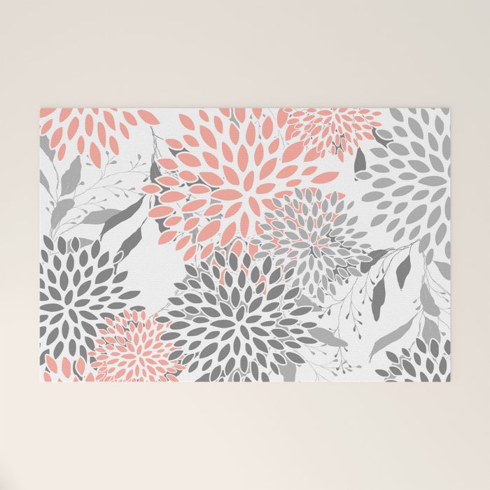 Festive, Floral Prints, Leaves and Blooms, Coral and Gray Welcome Mat Gallery Image 1