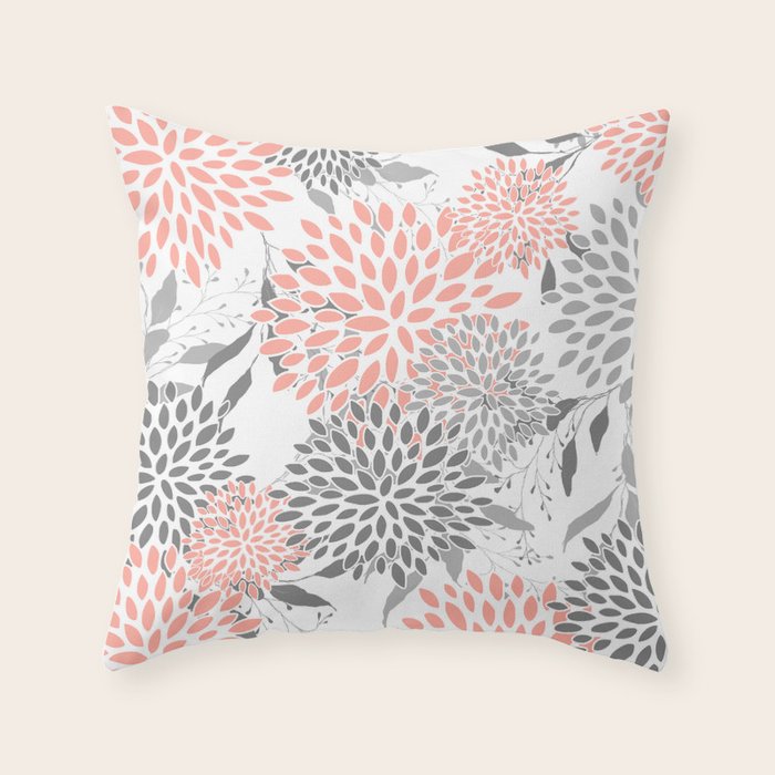 Festive, Floral Prints, Leaves and Blooms, Coral and Gray Throw Pillow Gallery Image 6
