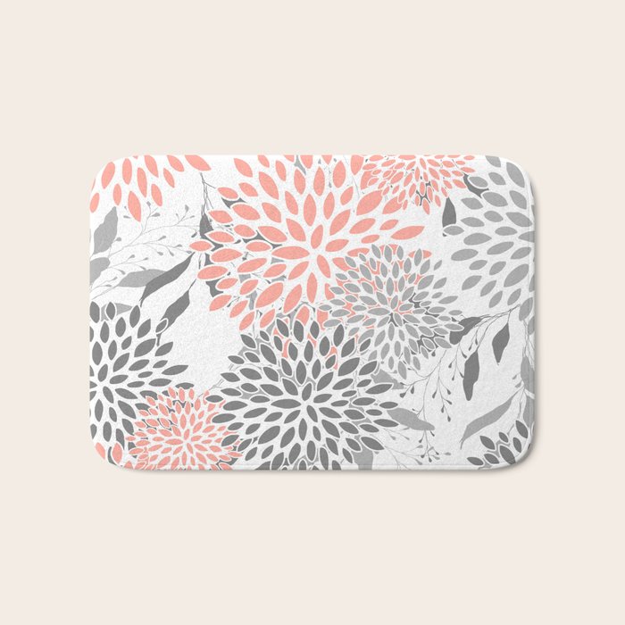 Festive, Floral Prints, Leaves and Blooms, Coral and Gray Bath Mat Gallery Image 1