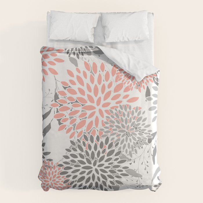 Festive, Floral Prints, Leaves and Blooms, Coral and Gray Duvet Cover Gallery Image 1